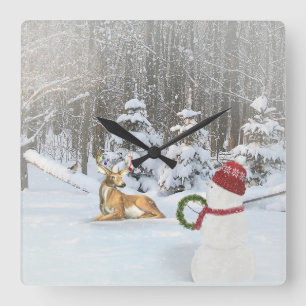 Christmas snowman with deer in winter woods square wall clock