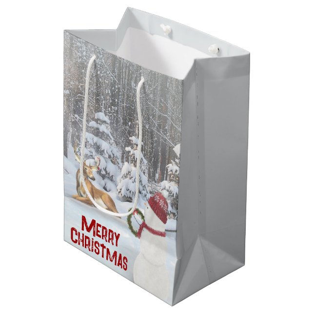 Christmas Snowman with Deer Medium Gift Bag (Front Angled)