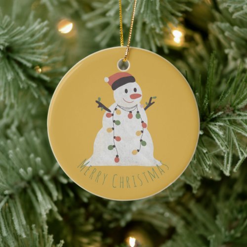 Christmas Snowman with Fairy Lights Ceramic Ornament