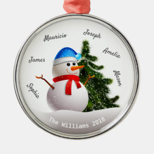 Christmas Snowman With Family Names Metal Ornament