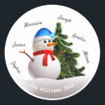 Christmas Snowman With Family Names Round Sticker<br><div class="desc">Christmas Snowman With Family Names Classic Round Sticker.</div>