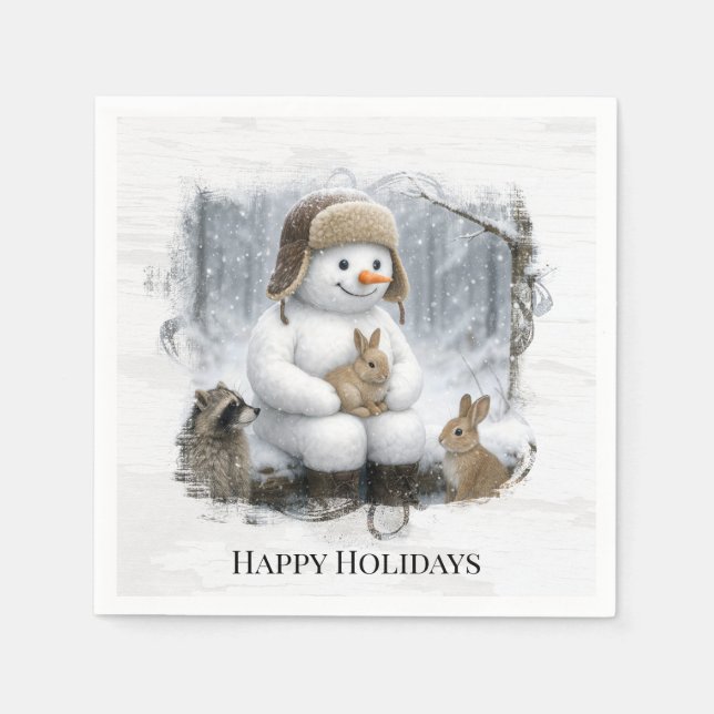 Christmas Snowman With Friends In Winter Woods Napkins (Front)