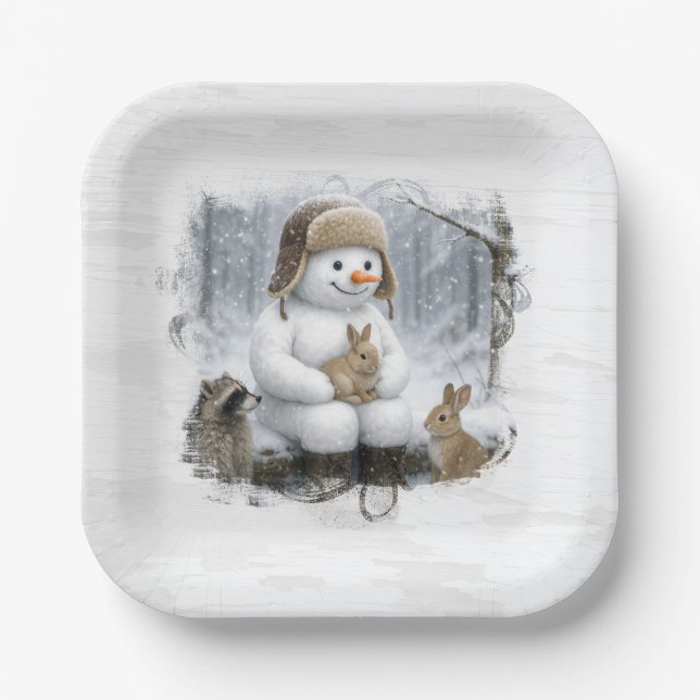 Christmas Snowman With Friends In Winter Woods Paper Plates (Front)