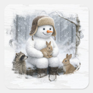 Christmas Snowman With Friends In Winter Woods Square Sticker