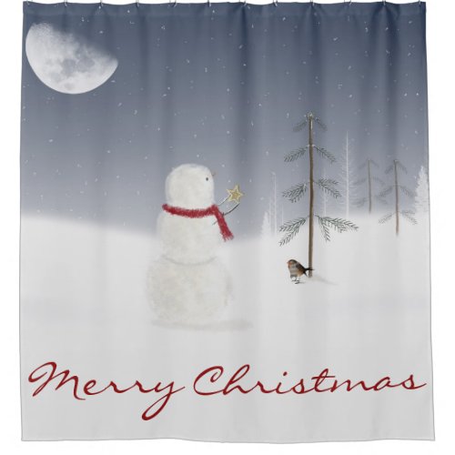 Christmas snowman with gold star and moon shower curtain