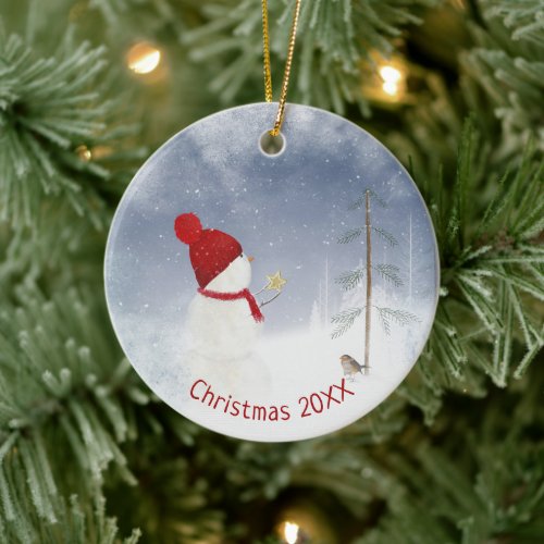 Christmas Snowman With Gold Star Ceramic Ornament