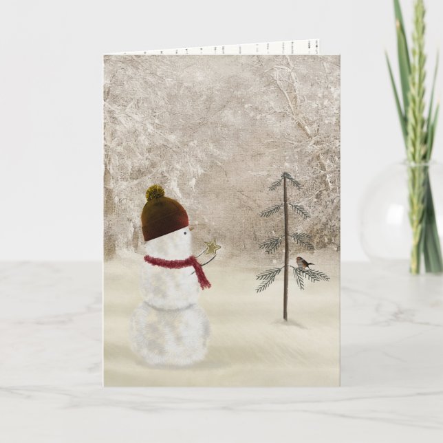 Christmas Snowman With Gold Star Holiday Card (Front)