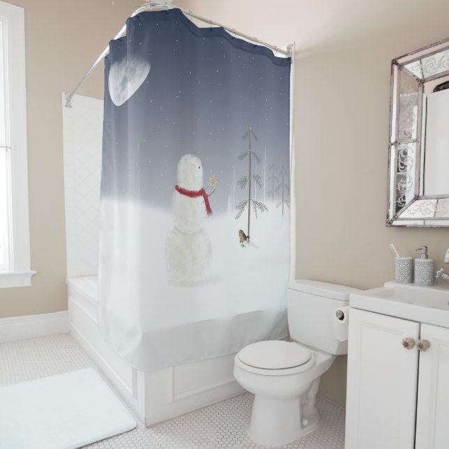 Christmas Snowman With Gold Star Shower Curtain (In Situ)