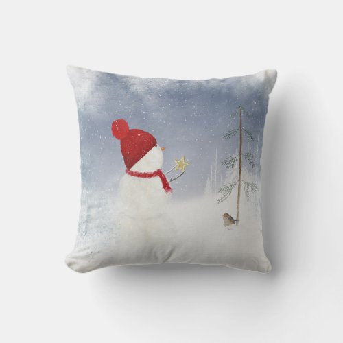 Christmas Snowman with gold star Throw Pillow