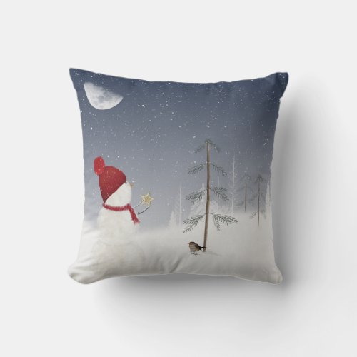 Christmas snowman with gold star throw pillow