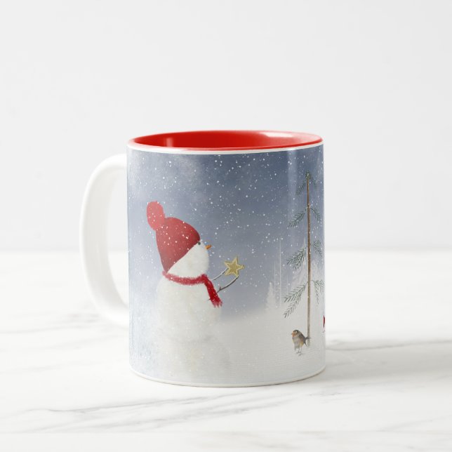 Christmas snowman with gold star Two-Tone coffee mug (Front Left)