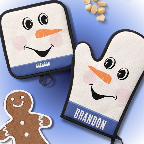 Christmas Snowman With Happy Face Smile Blue White Oven Mitt  Pot Holder Set