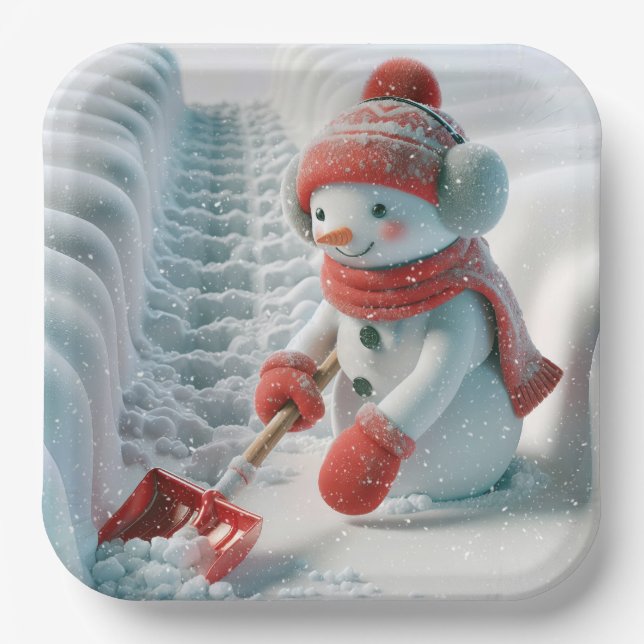 Christmas Snowman With Red Shovel Paper Plates (Front)