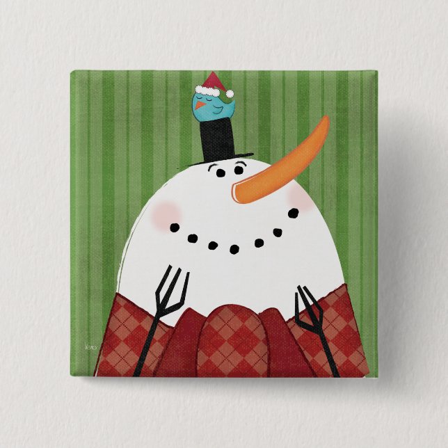Christmas Snowman with Singing Bird Pinback Button (Front)