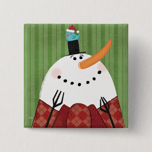 Christmas Snowman with Singing Bird Pinback Button
