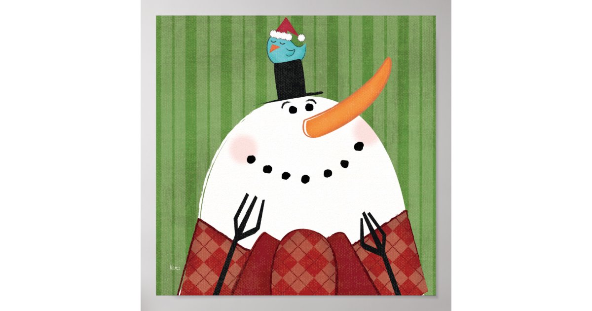 Christmas Snowman with Singing Bird Poster | Zazzle