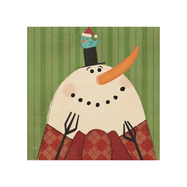 Christmas Snowman with Singing Bird Wood Wall Art (Front)