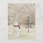 Christmas snowman with star for pine tree postcard<br><div class="desc">Cute snowman with gold star in winter woods with pine tree and bird.</div>