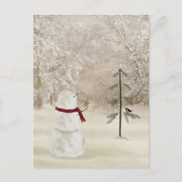 Christmas snowman with star for pine tree postcard | Zazzle