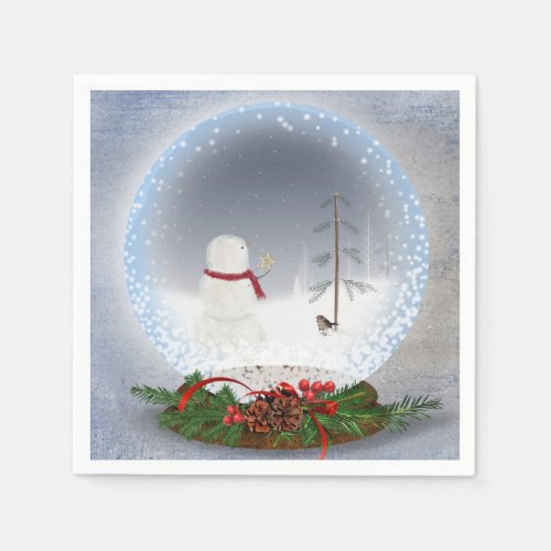 Christmas snowman with star in snow globe napkins