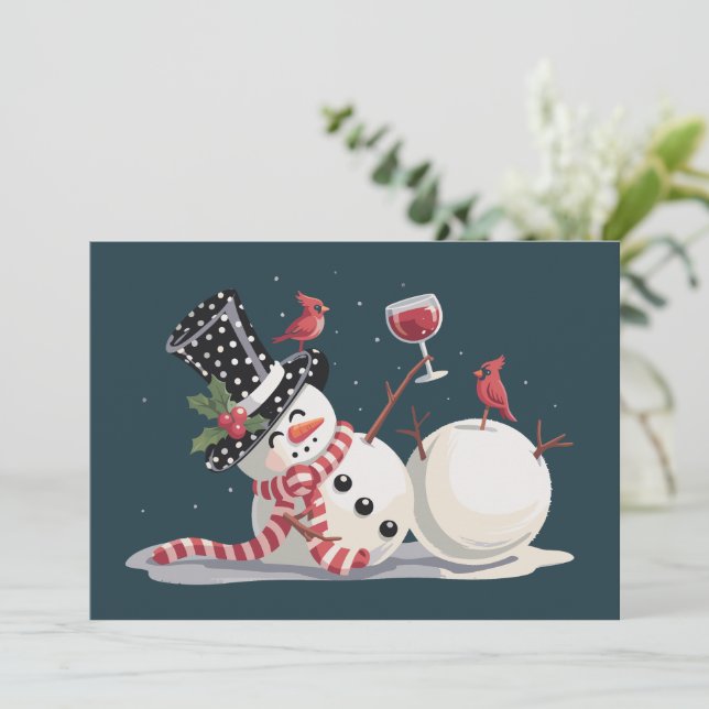 Christmas Snowman With Wine Gift Xmas Drinking Holiday Card (Standing Front)