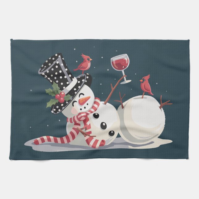 Christmas Snowman With Wine Gift Xmas Drinking Kitchen Towel (Horizontal)