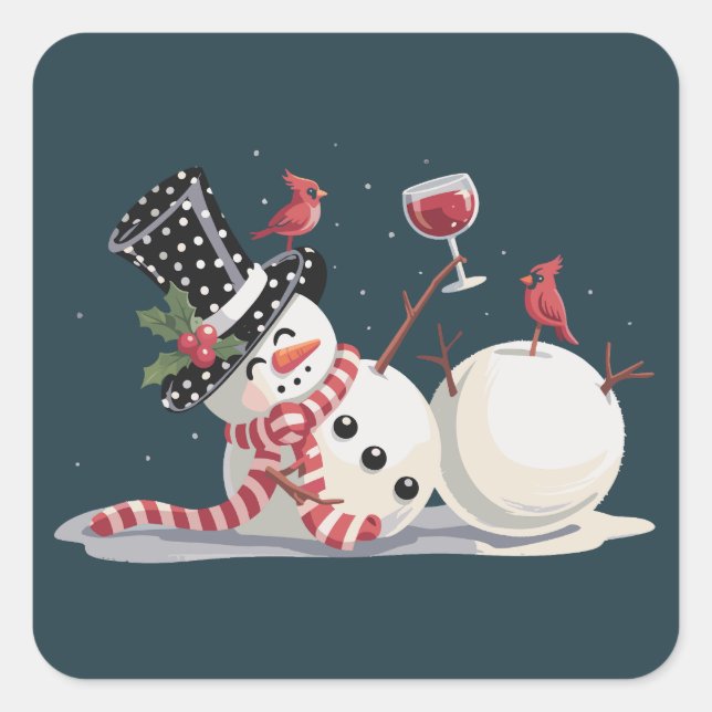 Christmas Snowman With Wine Gift Xmas Drinking Square Sticker (Front)