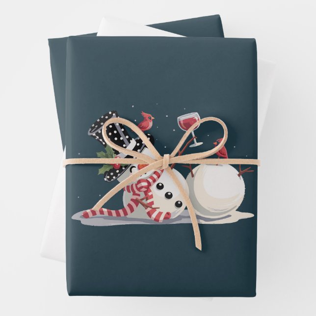 Christmas Snowman With Wine Gift Xmas Drinking Wrapping Paper Sheets (In situ)