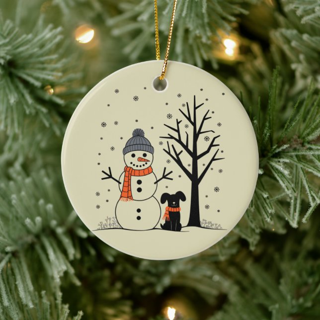 Christmas Snowman Xmas Dog Winter Ceramic Ornament (Tree)