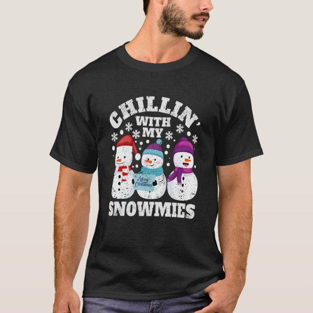 Christmas Snowman Xmas PJs Chillin With My Snowmie T-Shirt (Front)