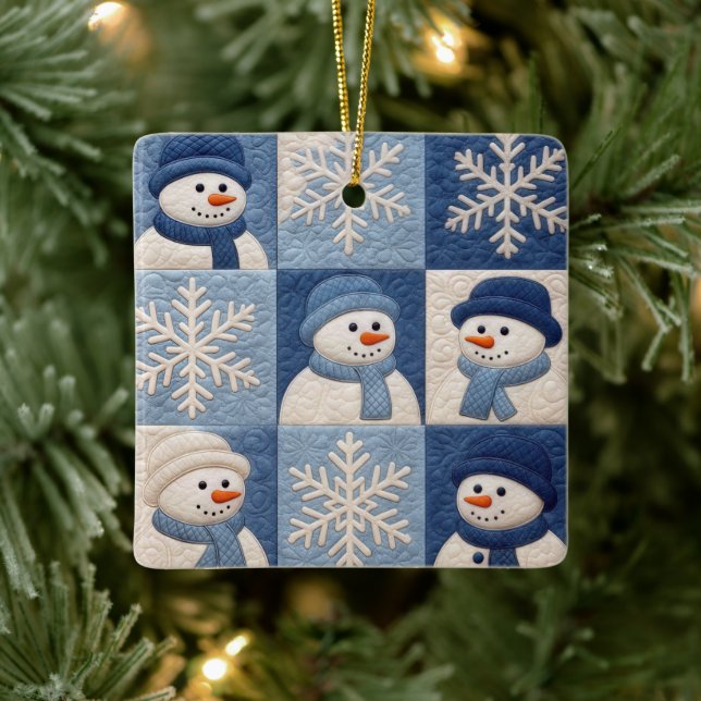 Christmas Snowmen and Snowflakes Quilt Pattern Ceramic Ornament (Tree)