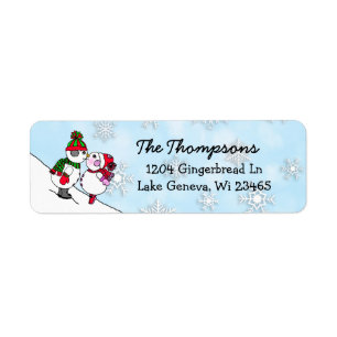 Christmas Snowmen and Snowwoman Kissing Label