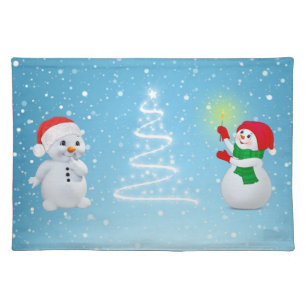 Christmas Snowmen and Tree with Stars Cloth Placemat