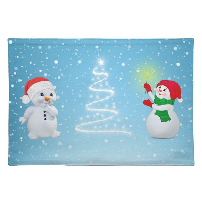 Christmas Snowmen and Tree with Stars Cloth Placemat (Front)
