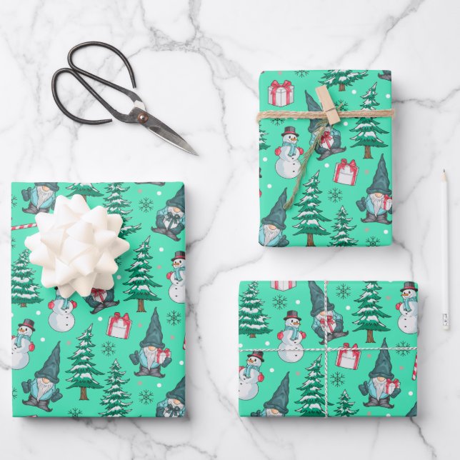 Christmas Snowmen Gnomes Candy Canes Gifts Wrapping Paper Sheets (Front)