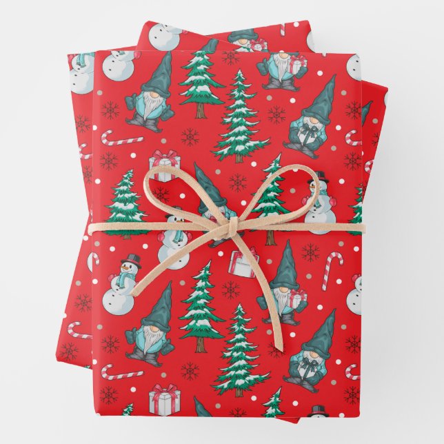 Christmas Snowmen Gnomes Candy Canes Gifts Wrapping Paper Sheets (In situ)