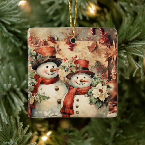 Christmas Snowmen illustration Ceramic Ornament