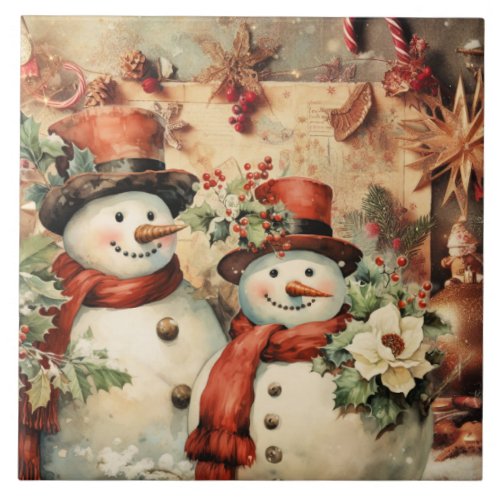 Christmas Snowmen illustration Ceramic Tile