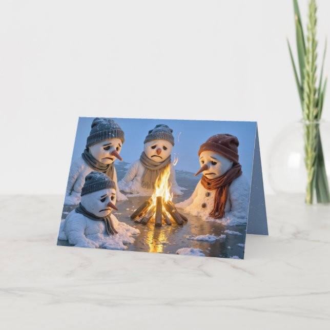 Christmas Snowmen Melting Around a Campfire Card (Front)