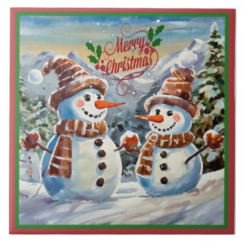 Christmas Snowmen  Merry Christmas  Ceramic Tile by Virginia5050 at Zazzle
