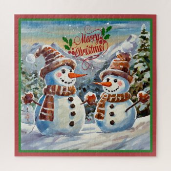 Christmas Snowmen  Merry Christmas  Jigsaw Puzzle by Virginia5050 at Zazzle