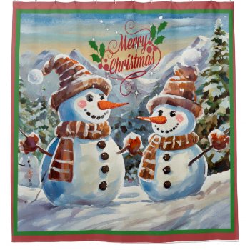 Christmas Snowmen  Merry Christmas  Shower Curtain by Virginia5050 at Zazzle