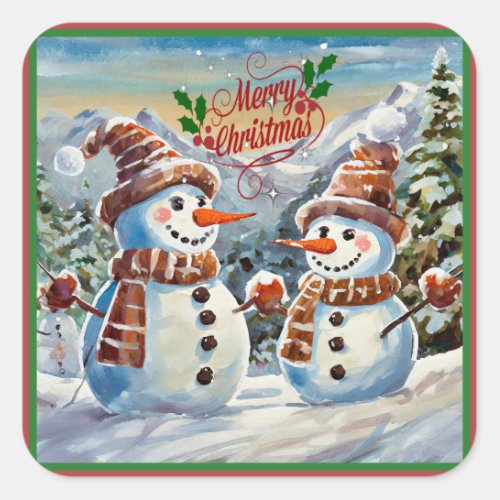 Christmas Snowmen Merry Christmas Square Sticker