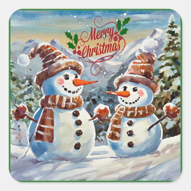 Christmas Snowmen, Merry Christmas, Square Sticker (Front)