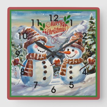 Christmas Snowmen  Merry Christmas  Square Wall Clock by Virginia5050 at Zazzle