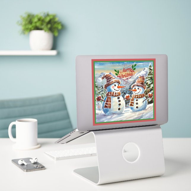 Christmas Snowmen, Merry Christmas, Sticker (Laptop On Desk)