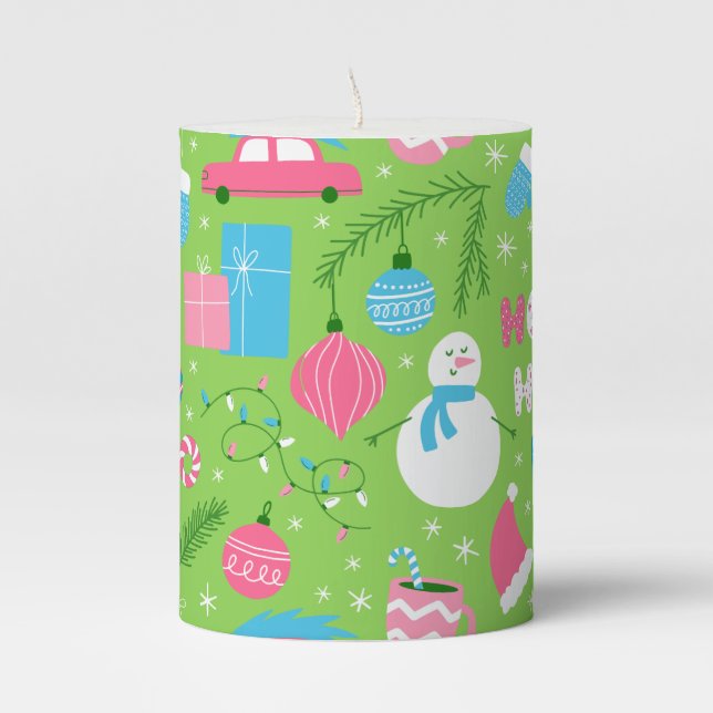 Christmas Snowmen Ornaments Light Blue Green Pink Pillar Candle (Front)