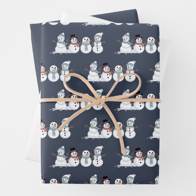 Christmas Snowmen Row Xmas Winter Holiday Season Wrapping Paper Sheets (In situ)