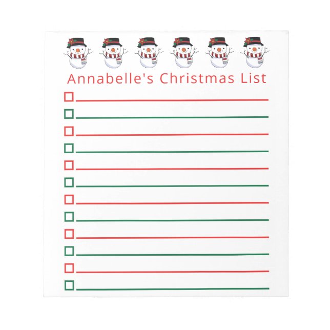 Christmas Snowmen Shopping List Personalize Notepad (Front)