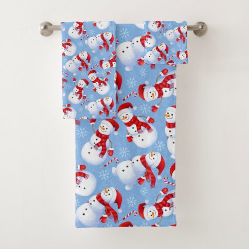 Christmas Snowmen Snowflakes and Candy Canes  Bath Towel Set